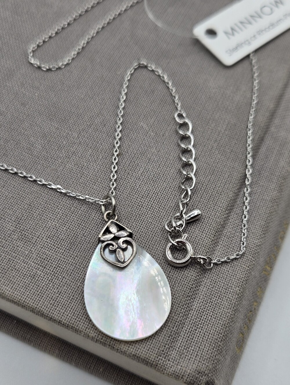 Sterling Silver Mother Of Pearl Fan Charm Necklace Dainty Whimsigoth Surf Beach